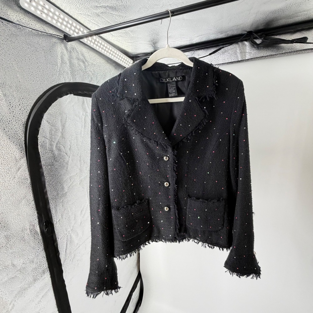 Silkland Black Silk Blend Tweed Sequin Fringe Blazer Jacket Large